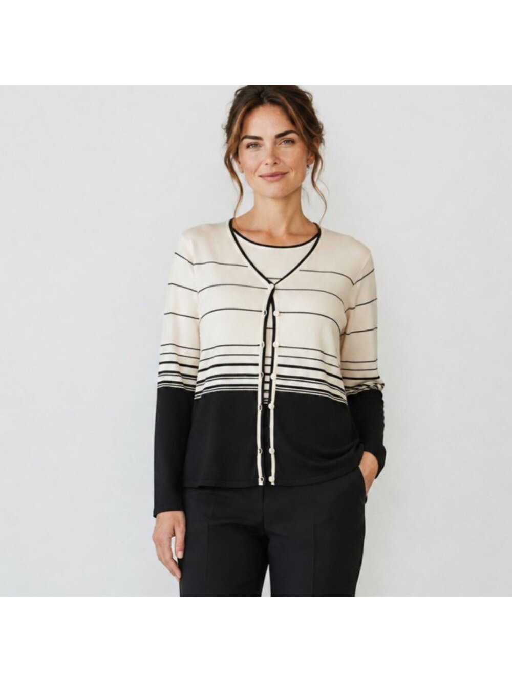 Stitches In Time 2Pc Sweater Set Cardigan Shell Black Ivory Striped Vintage SZ L